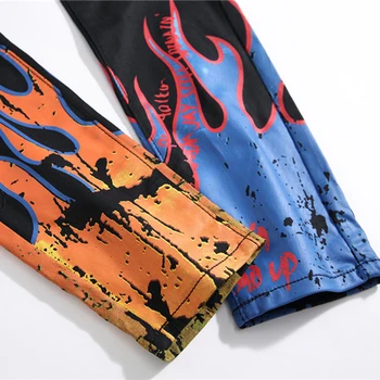Sokotoo pánskej módy písmená plameň vytlačené čierne džínsy Slim straight farebné maľované strečové nohavice