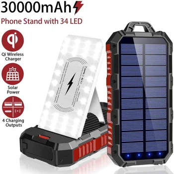 Solárne Bezdrôtové Nabíjanie Držiak Powerbank 30000 Ma Mobile Power LED Camping Lampa