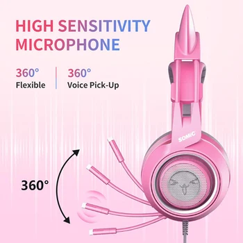 Somic G951 Ružový USB 7.1 kvalitné Virtuálne Káblové Slúchadlá Cute Cat Ucho Over-Ear LED Stereo Potlačením Hluku Gaming Headset