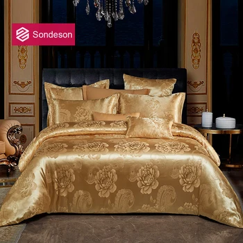 Sondeson Luxusné Euro Žakárové Zlato Posteľná Bielizeň Nastaviť Vytlačené Perinu Obliečka Na Vankúš Plochý List Posteľná Bielizeň Dvojité Kráľovná King Bed Nastaviť