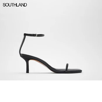 SOUTHLAND 2020 lete new Black minimalizmus Vysoké podpätky ovce kožené sandále dámske slovo pás polovici päty topánky dámske