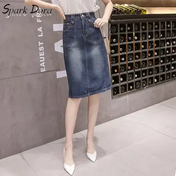 SparkDora Plus Veľkosť Elegantné Koleno Dĺžke Ženy Džínsy Ceruzku Sukne Pre Pocket 2020 Streetwear Denim Midi Sukne Femme Saias Jean