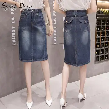 SparkDora Plus Veľkosť Elegantné Koleno Dĺžke Ženy Džínsy Ceruzku Sukne Pre Pocket 2020 Streetwear Denim Midi Sukne Femme Saias Jean