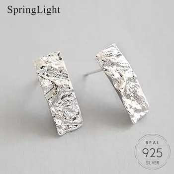 Springlight Ručne tkaná 925 Sterling Silver Šperky Nepravidelný Tĺkol Obdĺžnik Stud Náušnice Konkávne konvexný Povrch Náušnice