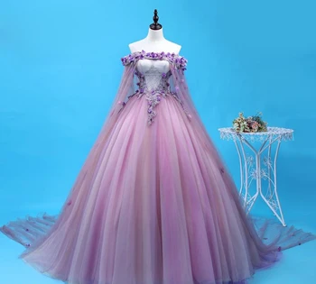 SSYFashion Nové Prom Šaty Sweet Purple Čipky Kvet Loď Krku Appliques Podlahy-dĺžka Strany guľové Šaty Vlastné Formálne Šaty