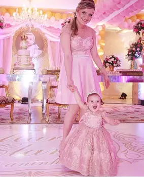 Staroružovej Baby Girl Dress Narodeninové Prvý Komunikácia Blush Pink Matka, Dcéra, Ružové Šaty S Vintage Čipky Vlastné