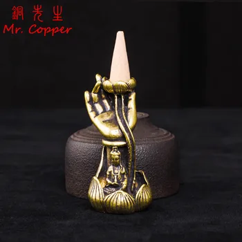 Starožitný Medi Sochu Budhu Ruke Drží Lotus Leaf Spätnou Kadidlo Horák Mosadz GuanYin Figúrky Miniatúry Ploche Ornament