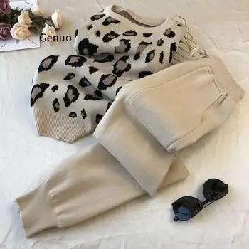 Streetwear leopard vytlačené zrastov dve peice vyhovovali ženy dlhý rukáv O-Krku sveter topy + farbou hárem nohavice bežné tepláková súprava
