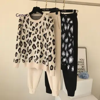 Streetwear leopard vytlačené zrastov dve peice vyhovovali ženy dlhý rukáv O-Krku sveter topy + farbou hárem nohavice bežné tepláková súprava