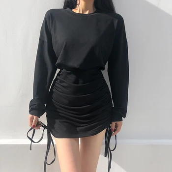 Streetwear Pevné Bočné Šnúrkou Čierne Sexy Ženy Krátke Šaty 2020 Jeseň Dlhé Rukávy Bodycon Šedá Mini Šaty Strany Vestidos
