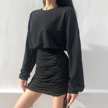 Streetwear Pevné Bočné Šnúrkou Čierne Sexy Ženy Krátke Šaty 2020 Jeseň Dlhé Rukávy Bodycon Šedá Mini Šaty Strany Vestidos