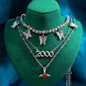 Striebornú Farbu a Rok Narodenia 2000 Počet Náhrdelník Prívesok pre Ženy Viacvrstvových Srdce Motýľ Crystal Reťazca Náhrdelník Šperky Darček