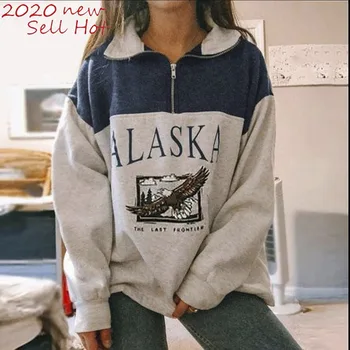 SUHE Vintage Módy Ženy Bavlna Stojan Golier na Zips Alaska List Tlač Dlhý Rukáv Príležitostné Voľné Mikina 2020 Hot