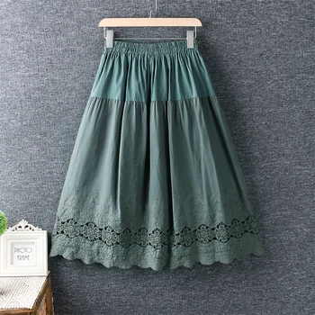 Sukne dámske čerstvé elastický pás duté vyšívanie, šitie dlhé sukne bavlna voľné sukne