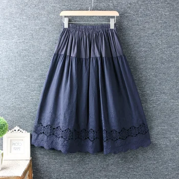 Sukne dámske čerstvé elastický pás duté vyšívanie, šitie dlhé sukne bavlna voľné sukne