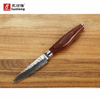 Sunlong Ovocie Nôž 3,5 palcový Frézovanie nôž Japonský Damasku ocele vg10 Peeling Nože Pakkawooden rukoväť