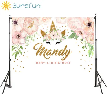 Sunsfun nové fotografické pozadie Krásne dievča kvet ružový narodeniny jednorožec pozadie photocall profesionálne prispôsobiť
