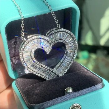 Super Shinning Luxusné Šperky 925 Sterling Silver Full Princezná Rez Biele Číry Diamant Prívesok Srdce Ženy Náhrdelník