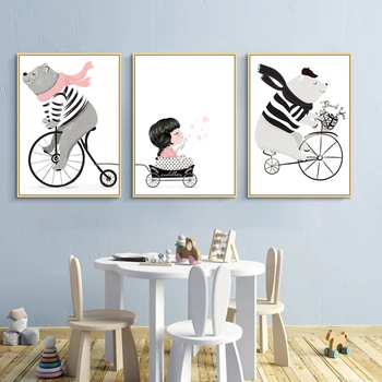SURELIFE Cartoon Hrá Medveď na Bicykli Škôlky Wall Art Vytlačí Plátne Obrazy Obrázky Plagát Darček detská Izba Domov Dekoratívne