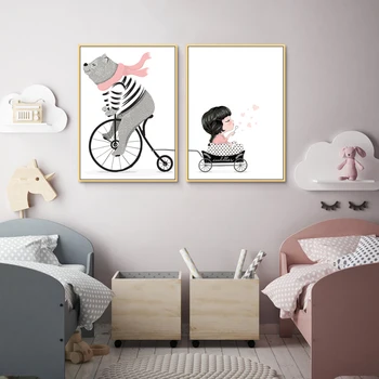 SURELIFE Cartoon Hrá Medveď na Bicykli Škôlky Wall Art Vytlačí Plátne Obrazy Obrázky Plagát Darček detská Izba Domov Dekoratívne