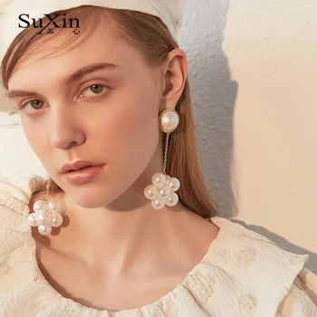 SuXin náušnice 2020 nové jednoduché pearl string temperament náušnice pre ženy dlho pearl prívesok náušnice šperky darček