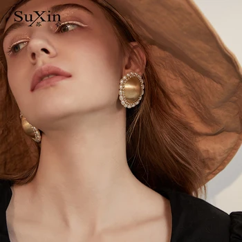 SuXin náušnice 2020 nové jednoduché retro strapec okrúhle náušnice pre ženy dlhej časti umelé perly prívesok náušnice šperky darček