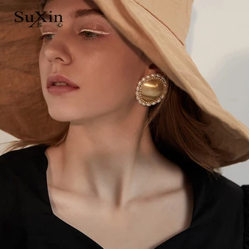 SuXin náušnice 2020 nové jednoduché retro strapec okrúhle náušnice pre ženy dlhej časti umelé perly prívesok náušnice šperky darček