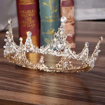 Svadobné Barokový Koruny Luxusné Crystal Ručné Guľôčky Plné Kolo Tiara Pre Ženy Kráľovná Diadem Svadobné Vlasové Ozdoby, Šperky