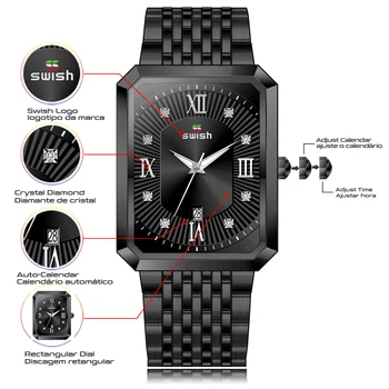 SVIŠŤANIE Luxusné pánske Obdĺžnik Hodinky Top Značky Black Business Náramkové hodinky Vodotesné Vojenské Quartz Hodinky 2020 Relogio Masculino