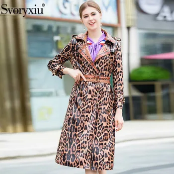 Svoryxiu 2018 Dizajnér Jeseň Zima Faux kožený Kabát Outwear Žien Vintage Leopard Vytlačené Slim Dlhá Srsť Windbreaker