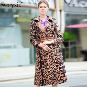 Svoryxiu 2018 Dizajnér Jeseň Zima Faux kožený Kabát Outwear Žien Vintage Leopard Vytlačené Slim Dlhá Srsť Windbreaker
