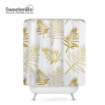 Sweetenlife 180x200cm Kvalitné Tropické Štýl Sprchové Závesy Palmové Listy Vzor Vaňa Opony Brown&gold Nepremokavé Opony