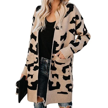 SWQZVT 2020 Jeseň Zima pletený Sveter Ženy Móda Bežné Leopard Ženy dámy Cardigan Zimné Oblečenie outwear knitwear
