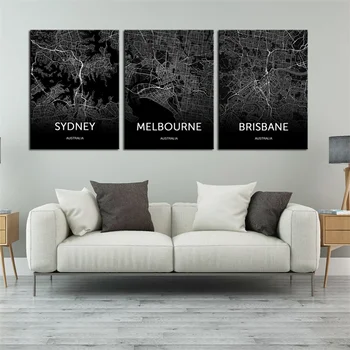 Sydney, Brisbane, Melbourne Čiernej a Bielej Mape Vytlačiť Mapu Austrálie Plagáty Moderné Abstraktné Plátno Umeleckého Sveta, Mapa Mesta Maľovanie