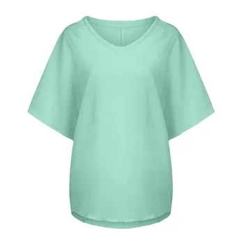 T-shirt ženy príležitostné voľné letné pevné O-neck tričko krátke rukávy a top bavlnená posteľná bielizeň, blúzky