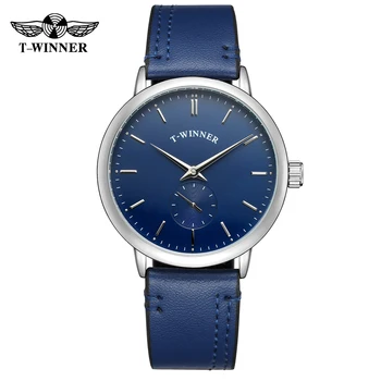 T-VÍŤAZ módne jednoduché pánske hodinky modrá dial striebro prípade, svetlo modrá kožený remienok automatické mechanické hodinky