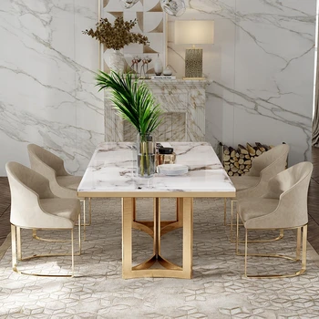 Taliansky Luxusný Prírodný Mramor Jedálenský Stôl Elektrolyticky Pokrývajú Nehrdzavejúcej Ocele, Kovová Základňa Jedálenský Stôl