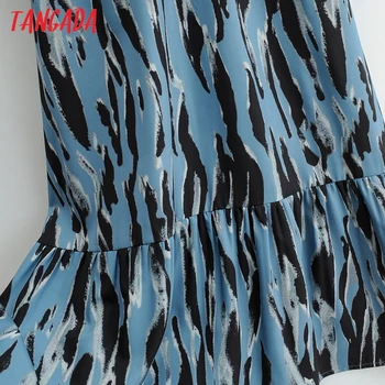 Tangada 2021 Módne Ženy Modrá Leopard Tlač Dlhé Šaty na Zips, Dlhý Rukáv Office Dámy Maxi Šaty 1F114