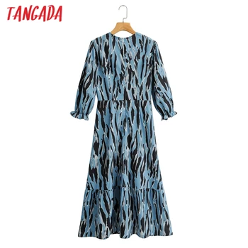 Tangada 2021 Módne Ženy Modrá Leopard Tlač Dlhé Šaty na Zips, Dlhý Rukáv Office Dámy Maxi Šaty 1F114