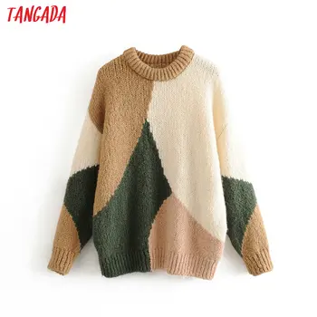 Tangada kórea elegantné ženy farebný blok sveter vintage dámske zosilnené mäkké pletené jumper topy 3H230