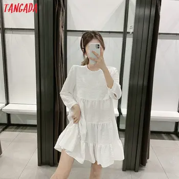 Tangada letné módy ženy pevný biely 3D šaty o krk dlhý rukáv dámske ležérne voľné midi šaty vestidos 3H240