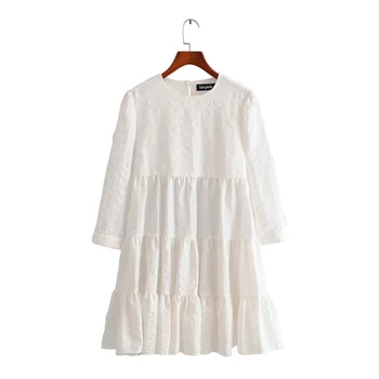 Tangada letné módy ženy pevný biely 3D šaty o krk dlhý rukáv dámske ležérne voľné midi šaty vestidos 3H240