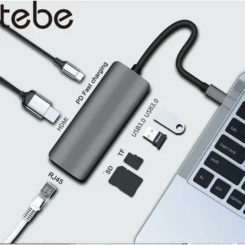 Tebe 7 V 1 USB C Hub Adaptér Typ-c, HDMI, RJ45 Gigabit Ethernet USB3.0 SD/TF Dokovacej Stanice PD Rýchle Nabíjanie Rozbočovač pre Macbook