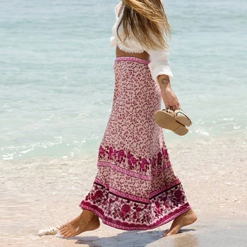 TEELYNN boho sukne Elastický pás pláž nosiť Dlhé sukne 2019 kvetinový tlač Tlačidlo v strede sexy letné sukne Ženy sukne
