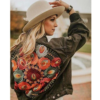 TEELYNN Denim žena bunda 2020 jeseň kvetinový appliques Výšivky vintage kabát dlhý rukáv vrchné oblečenie bunda pre ženy coatee