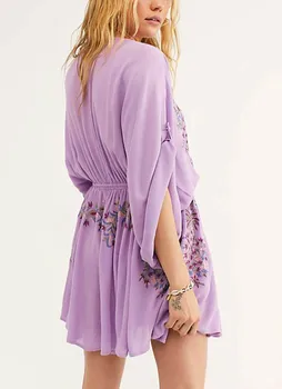 TEELYNN fialová Kvetinové Výšivky boho krátke šaty žien zakryť plážové oblečenie lete roku 2020 vintage sexy hlboké V-neck mini vestidos