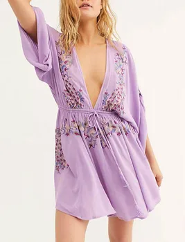 TEELYNN fialová Kvetinové Výšivky boho krátke šaty žien zakryť plážové oblečenie lete roku 2020 vintage sexy hlboké V-neck mini vestidos