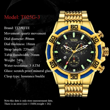 TEMEITE Top Luxusné Značky Black Zlaté Quartz Hodinky z Nerezovej Ocele Nepremokavé Pánske Náramkové hodinky Bežné Obchodné Športové Dátum Hodiny