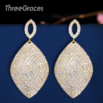 ThreeGraces Elegantné Micro Pave CZ Kryštálmi Veľké 18k Dubaj Gold Drop Náušnice pre Ženy Visieť Svadobné Náušnice Strany Šperky E0369