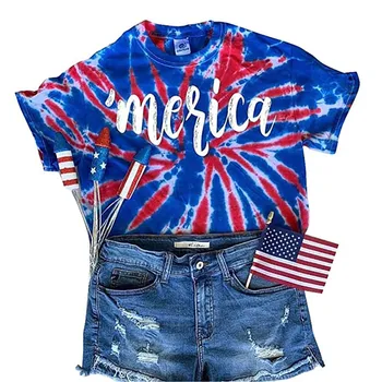 Tie Dye Americkej Vlajky Merica List Tlač Ženy Tshirts Deň Nezávislosti Nadrozmerné Harajuku Topy Žena Lete Vintage Oblečenie